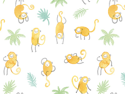 Monkeys Pattern fabrics fun illustration jungle kids monkey palm tree pattern playing silly textile watercolors