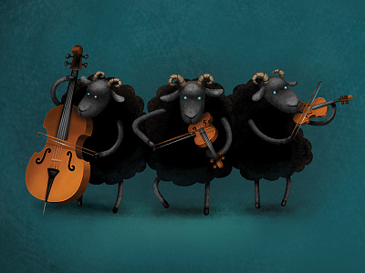 Three black lambs band black cello illustration lamb music nursery ram rhymes sheep violin