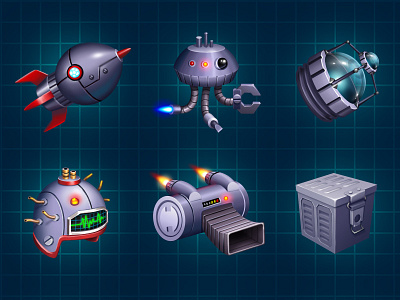 Spaceship upgrades armor bomb drone game helmet icon illustration items robot rocket sci fi space