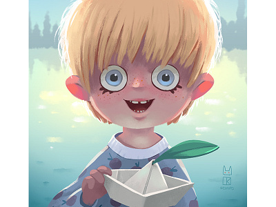 Sun boat child exited illustration kid paperboat pond river smile spring sun water