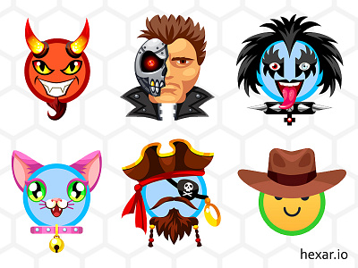 Hexar.io avatars avatars bling cartoon cat customization devil hat pirate robot rockstar terminator