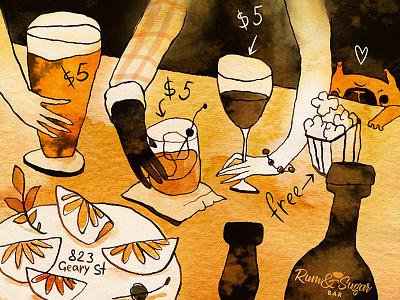 Happy Hour ad advertisement bar beer club cocktail dog drawing drinks glass hands illustration ink jazz party popcorn pug rum sugar wine