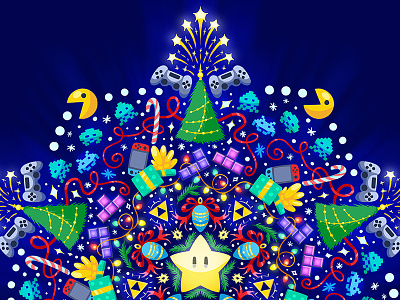 Christmas card, detail. christmas christmas tree fanart fireworks gamepad games gift greeting holiday lights mariobros packman space invaders star tetris zelda