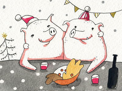 New year piggies celebration christmas dinner greetings hat illustration ink new year oink party pig salad tree watercolor wine