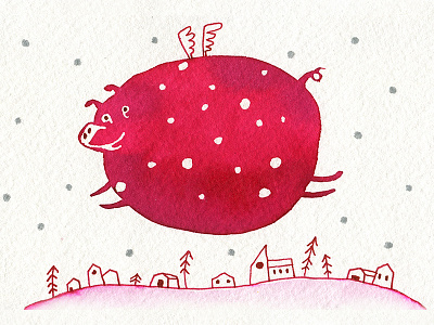 Pig fly card art cartoon christmas doodle fly house illustration landscape new year new year card pig pink polkadot snow stars town travel watercolor