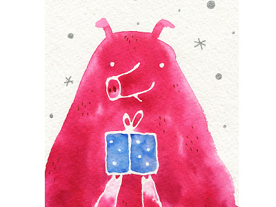 Gifting pig art cartoon character children illustration christmas doodle drawing gift illustration new year pig pink postcard present watercolor