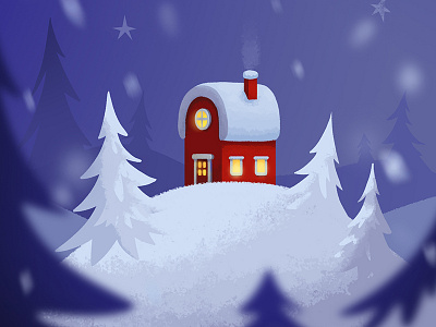 'Santa's puzzle cards' splashscreen chimney christmas cozy game art hill home house illustration lights night puzzler red santa claus snow tree winter