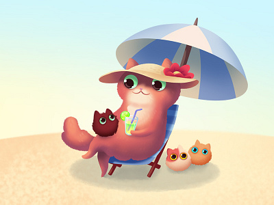 Beach vacation beach cartoon cat character children cute illustration kids kitten lounge sand sun sunhat tan