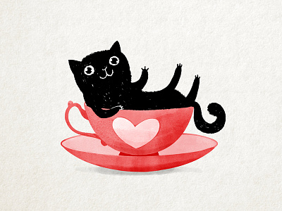 My cup of tea black cartoon cat character children cup cute drawing heart illustration ink kitty love picture book pink tea valentine valentines day