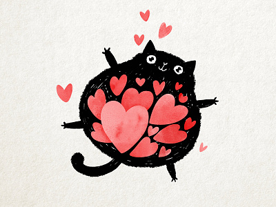 Full of love card cartoon cat cat illustration character children cute drawing fat floating flying full heart illustration ink kitten love valentine valentines day