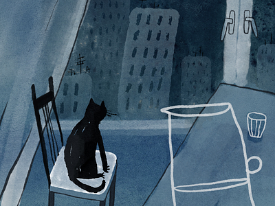 Boring night cat city drawing illustration ink night picture book watercolor window