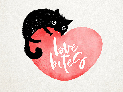 Valentine cat bites black cartoon cat character cute drawing illustration ink love red valentine