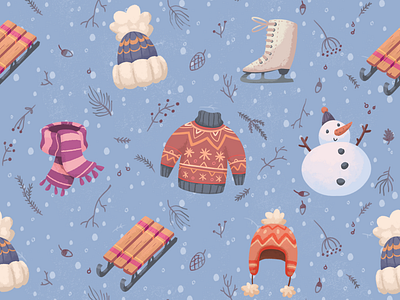 Winter outdoors pattern activities cartoon cute design hat knitted pattern scarf snow snowman winter