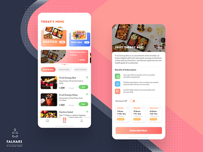 Falhari | A fruitful Habit, Fruit Box subscription UI Screens adobe xd android app branding energy falhari fruit app health health app identity design ingeniouspixel interaction interaction design subscription ui usability user interface ux