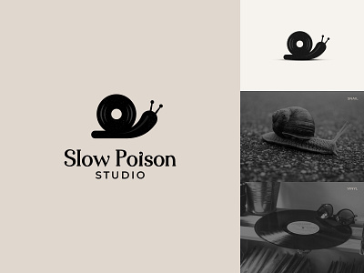 Slow Poison Studio Logo band branding clever logo gramophone identity logo mark music poison record recording sing slow snail song sound studio symbol typeface vinyl