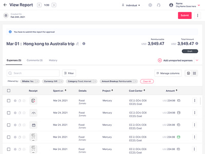 Report View - Spend Management case study design figma table view ui