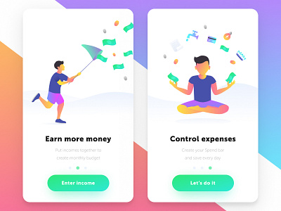 Onboarding action card character daily ui illustrations money pager slider ui ux