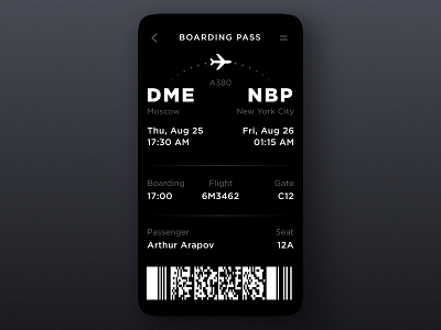Boarding Pass airplane app boarding button card daily ui dark design illustration ios pass plane ui