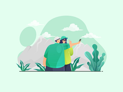 Selfie Couples with Mountain Background couple couples design flat design gradient illustation maountain selfie selfies traveling ui ux vacation web