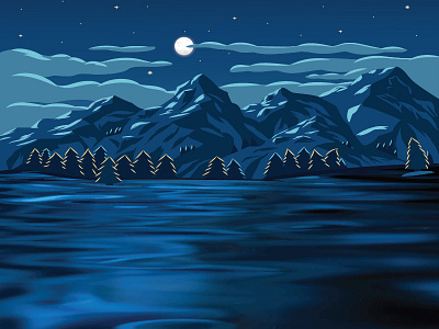 Night Landscape adventure blue clouds illustration landscape moon mountains night sea shot2 sky stars