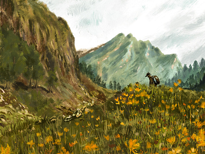spring in the mountains digital art green illustration leaves painting