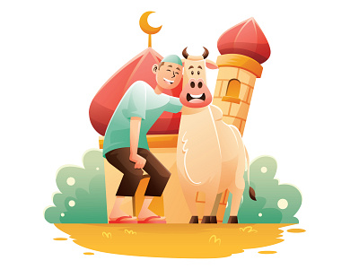 Muslim Man Photo With Cow animal character cow illustration islam mosque muslim sacrifice vector