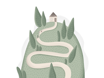 Old man's house cartoon dog fog grass green hill house illustration man old man path tree trees vector