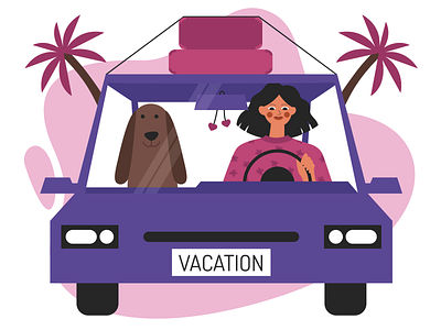 on vacation car character design dog driver free time having fun illustration palmtree riding roadtrip training vacation vector woman