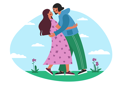 embrace me boy character couple dance date design embrace feel in love flat friendship girl illustration love lovers nature smiling together vector