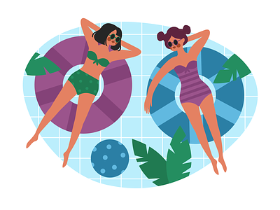 pool talking character design flat friends girl glasses having fun illustration pool rest sun swim talking tan together vacation vector