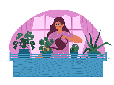 planting on the balcony attention balcony character design flat girl green home illustration love plant smile take care vector watering