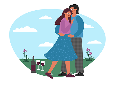 picnic, date & wine boy character design drinking fall in love flat girl illustration love nature picnic romantic together vector