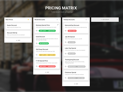 Pricing Matrix App | Trello Board Style Grouping app application design board concept design matrix pricing trello ui ux