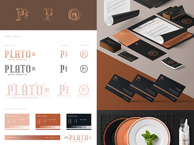 Plato 22 - Complete Workboard bistro branding copper food identity lettering logo monogram restaurant type design typography whiskey and branding