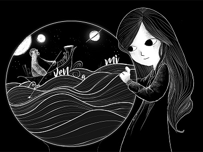 Come to me bear black and white digital dream girl illustration