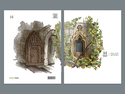 Catalog cover design II catalog cathedral church illustration line art print stained glass vines watercolor