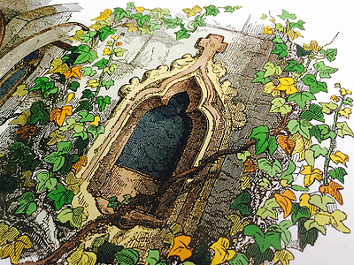 Close-up of catalog illustration watercolor window