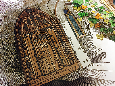 Close-up door cathedral door illustration stained glass watercolor