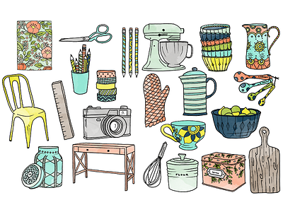 Random objects coloring book illustration watercolor