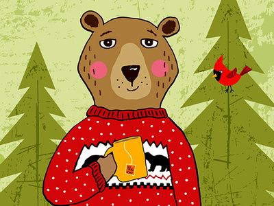 Red Sweater Bear bear bear in woods cardinal red sweater sweater tea