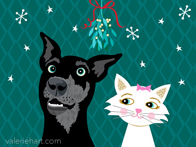 Under The Mistletoe... cat cat art cat illustration christmas dog dog art dog illustration kiss kiss under the mistletoe kisses love bug mistletoe romance whimsical whimsical art