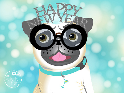 Happy New Year 2019 Pug Dog Illustration dog art dog illustration happy new year illustration pug pug dog whimsical