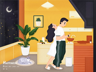 Happiness life couples daily design hug illustration kitchen night sweet yellow
