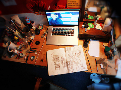 Progress in Progress danny doom desk doodle. inking drawing station work