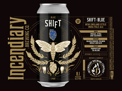 Incendiary Brewing Shift (Blue) barley beer brewery can dark fire flame hazy ipa heart illustration label moth packaging teeth tooth