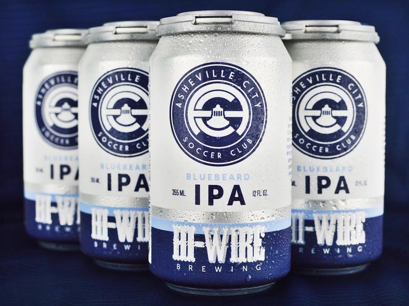 Hi-Wire Bluebeard IPA for the Asheville City Soccer Club 6 pack beer blue can classic football ipa packaging soccer stripes