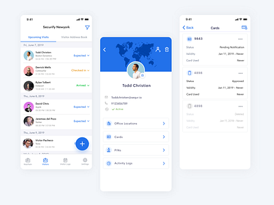 Visitor Management App access adobe xd cards clean design clean ui design ios ios app list management app minimal profile profile design user profile users ux visit visitor management visitors