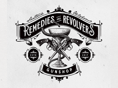 Remedies And Revolvers antique bowl of hyge branding classic gun hand drawn illustration logo snake vintage