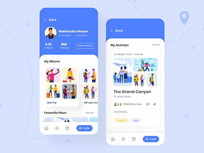 Traveler Profile Page - Travel App Exploration album app clean design creative illustration journey mobile mobile app place profile screen tour travel travelling trip ui ui design uidesign