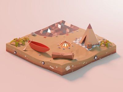 Beach camp: Animal Crossing New Horizons 3d art aesthetic animalcrossing beach blender blender3d calming camp camping cel shading concept concept design fanart geometric isometric art minimalist nintendo nintendo switch simple tent